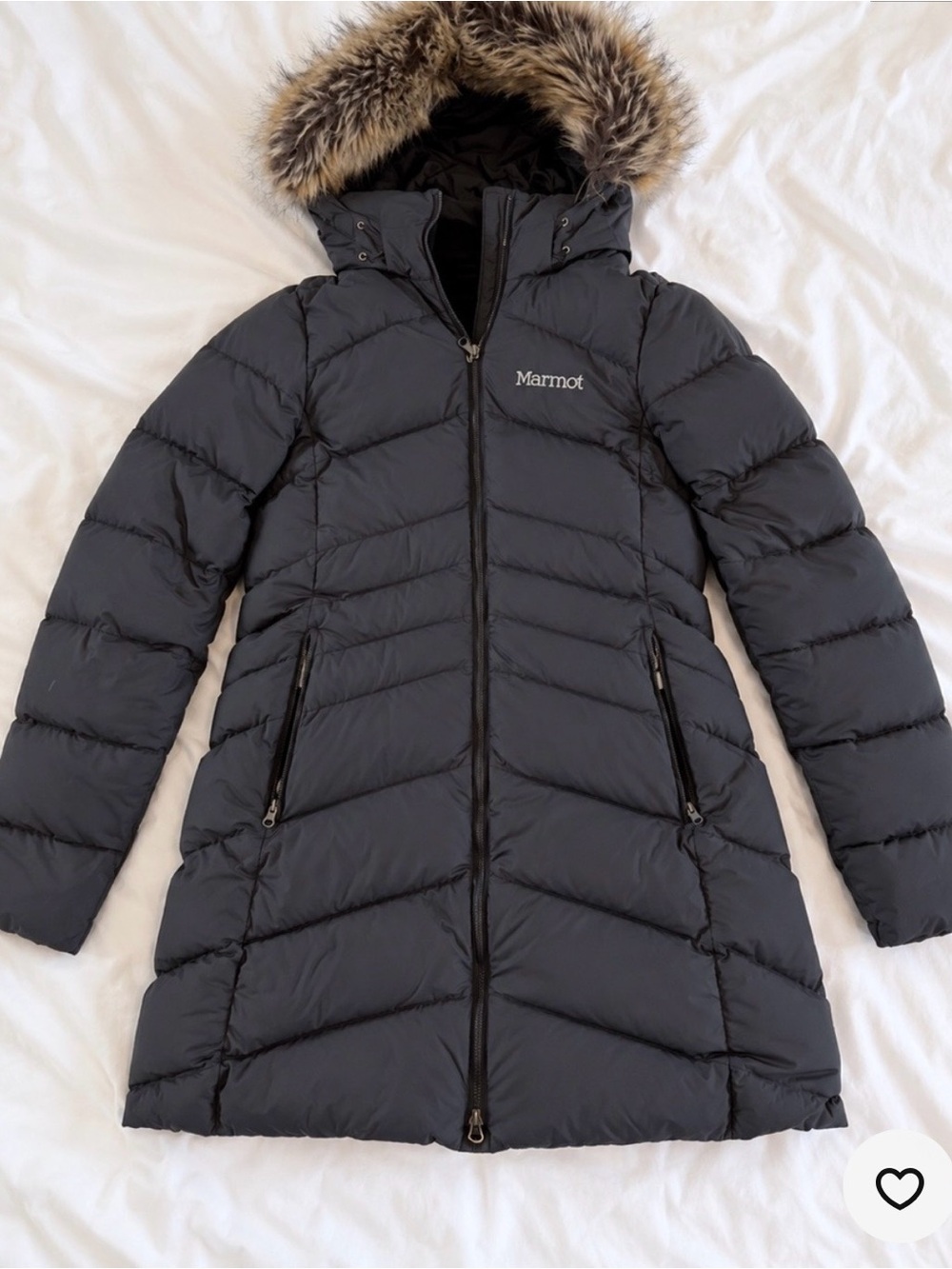 Marmot Women's Black Long Down Puffer Coat with Faux Fur Trim Hood